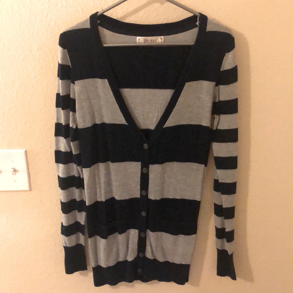Blue and gray striped sweater with buttons